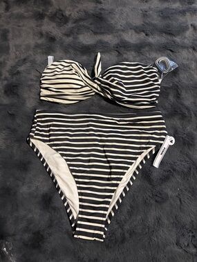 PINK Victoria's Secret Black and White Striped Bandeau Bikini